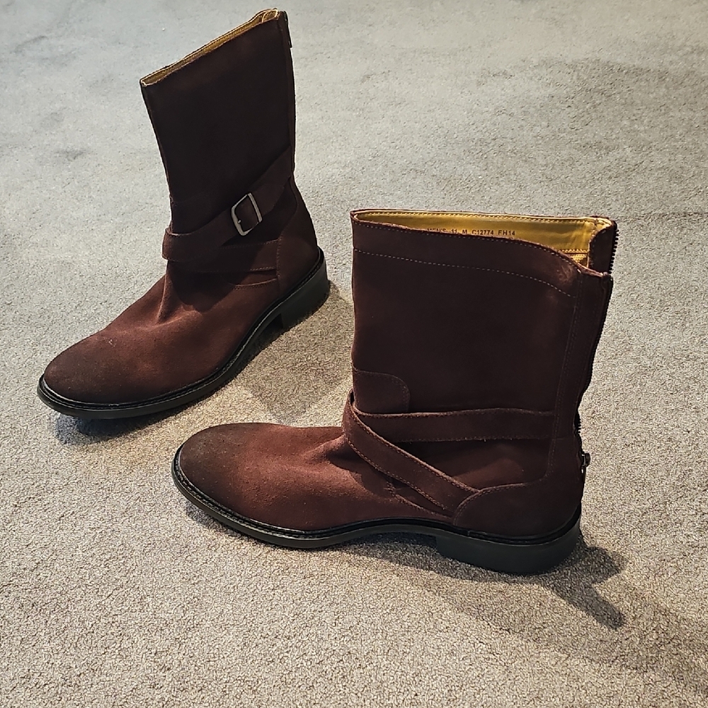 Brown Leather Mid-Calf Boots with Buckle Strap